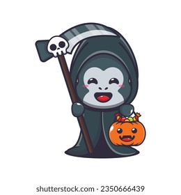 Grim reaper gorilla holding scythe and halloween pumpkin. 