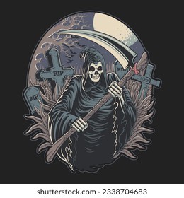 grim reaper in graves halloween night illustration for t shirt design, logo, or stickers