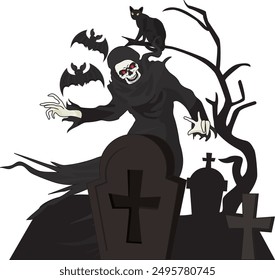 Grim Reaper In Graveyard Halloween Vector