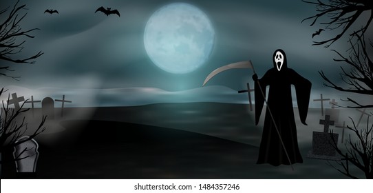 Grim Reaper in graveyard standing on night full moon. Halloween horizontal background. Vector illustration.