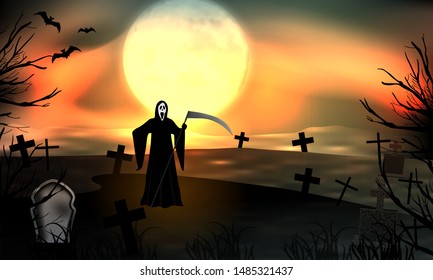 Grim reaper in graveyard standing on night full moon. Glow Halloween background. Vector illustration.