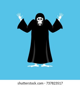 Grim reaper guilty. death oops. skeleton in black cloak surrenders. Vector illustration
