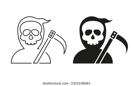 Grim Reaper Halloween Character Line and Silhouette Black Icon Set. Scary Human Skeleton in Robe with Scythe. Halloween Costume of Grim Reaper Symbol Collection. Isolated Vector Illustration.