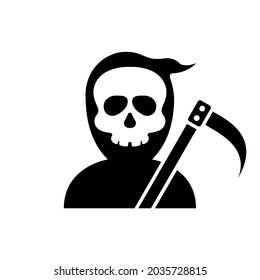 Grim Reaper Halloween Character Silhouette Icon. Scary Human Skeleton in Robe with Scythe Glyph Pictogram. Funny Black Costume of Grim Reaper for Halloween Icon. Isolated Vector Illustration.