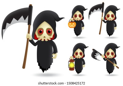 Grim reaper halloween character vector set. Grim reaper skeleton characters wearing halloween costume flying while holding scythe and pumpkin lantern isolated in white background. Vector illustration