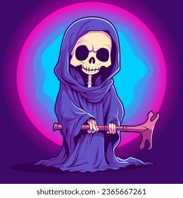 Grim reaper halloween death with axe in hands. Сartoon skeleton in mantle on a bright background. Halloween concept. Wizzard skull head for halloween. Vector illustration eps.10