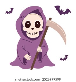 El Segador para Halloween. El esqueleto encapuchado sostiene una guadaña. Linda Ilustración vectorial