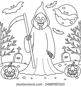 Grim Reaper Halloween on graveyard background colouring. Halloween Outline Coloring Page