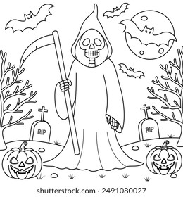 Grim Reaper Halloween on graveyard background colouring. Halloween Outline Coloring Page