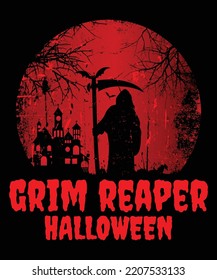 Grim reaper Halloween shirt print template, Scary house bat tree vector, Vintage retro watercolor background shirt design
