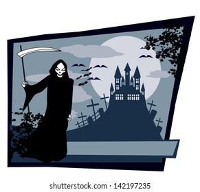 Grim reaper with Halloween sign