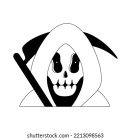 Grim reaper. Halloween spooky cartoon character isolated on white background. Black outline. Sticker, print on clothes, notebooks and phone cases. Vector illustration