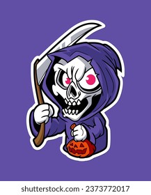 Grim Reaper Halloween. Spooky Horror Cartoon Creature Character Illustration.