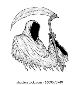 The Grim Reaper, Hand Drawn Pointillism Illustration, Isolated Vector