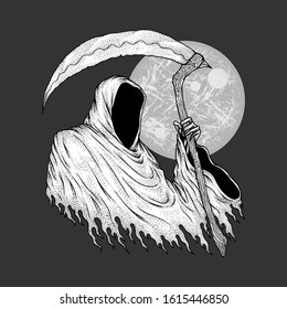 The Grim Reaper, Hand Drawn Pointillism Illustration, Isolated Vector