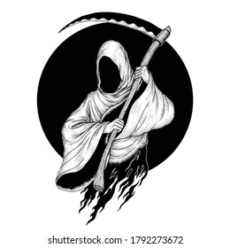 The Grim Reaper, Hand Drawn Pointillism Illustration, Isolated Vector