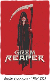 Grim reaper hand drawn vector illustration. Skeleton death holding scythe.