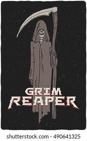 Grim reaper hand drawn vector illustration. Skeleton death holding scythe.