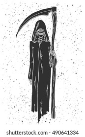 Grim reaper hand drawn vector illustration. Skeleton death holding scythe.