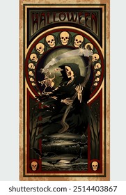 Anuncio feliz de Halloween del segador sombrío en estilo art nouveau, Ilustración vectorial