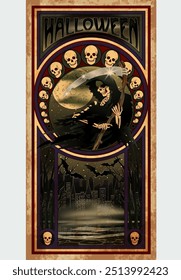 Tarjeta de Halloween feliz del segador sombrío en estilo art nouveau, Ilustración vectorial