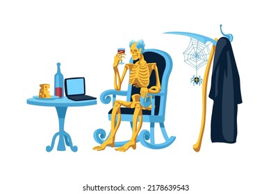 The Grim Reaper has retired. Relax on the weekend. Skeleton watches movies online. Vector illustration isolated on a white background in a cartoon and flat design.