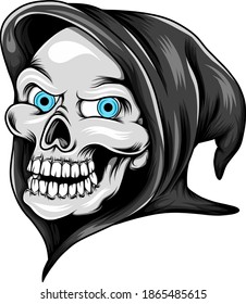 The grim reaper head skull with his blue eyes and using the black costume