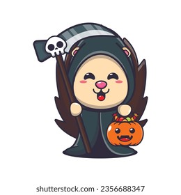 Grim reaper hedgehog holding scythe and halloween pumpkin. Cute halloween cartoon illustration. 