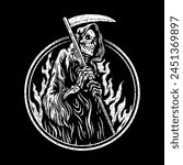 Grim Reaper Hell Circle Black and White Illustration Vector