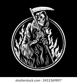 Grim Reaper Hell Circle Black and White Illustration Vector