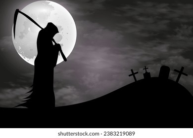 Grim Reaper with his Halloween custom, Soul collector, death, He wears a long, black suit, Grim reaper carries a scythe, a long pole with a curved blade fixed to the top