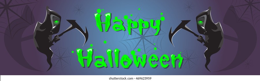Grim Reaper Hold Scythe Happy Halloween Banner Greeting Card Flat Vector Illustration
