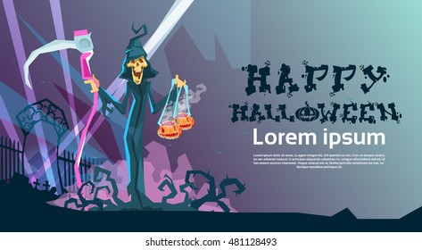 Grim Reaper Hold Scythe Happy Halloween Party Invitation Card Flat Vector Illustration