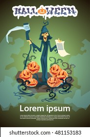 Grim Reaper Hold Scythe List Happy Halloween Party Invitation Card Flat Vector Illustration