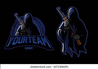 grim reaper holding assault riffle esport gaming mascot logo template