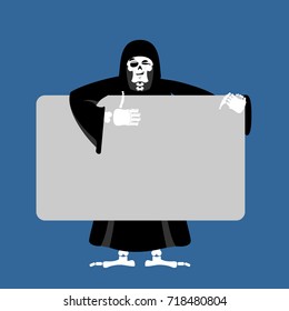 Grim reaper holding banner blank. death and white blank. skeleton in black cloak joyful emotion. Monster and place for text. Vector illustration
