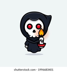 Grim reaper holding candle. Cute mascot illustration