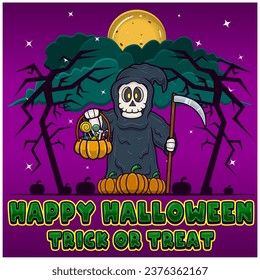 Grim Reaper Holding Candy. Happy Halloween. Trick and Treat. Greeting Card, Invitation and Poster. Vectors and Illustrations.