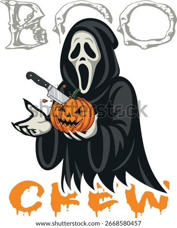 Grim Reaper holding carved pumpkin with knife and text halloween carving