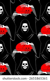 Grim Reaper Holding Cat pattern seamless. Death with a cat in his arms background