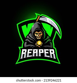 Grim reaper holding crypto coins and carries a sickle mascot logo design illustration vector