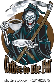 grim reaper holding cup of coffee and plate