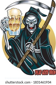 grim reaper holding foaming bee mug and scythe