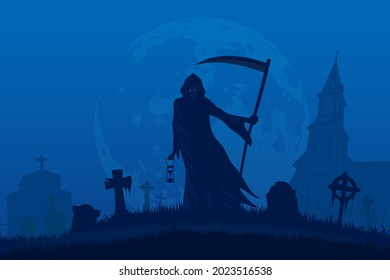 Grim Reaper holding hourglass in full moon night on cemetery background, Halloween concept flat illustration vector.