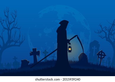 Grim Reaper holding lantern in cemetery on full moon night, Halloween concept flat illustration vector.