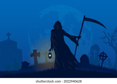 Grim Reaper holding lantern in full moon night on cemetery background, Halloween concept flat illustration vector.