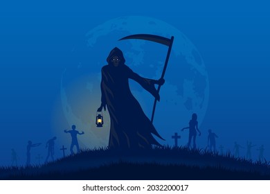 Grim Reaper holding lantern in full moon night on zombies and cemetery background, Halloween concept flat illustration vector.