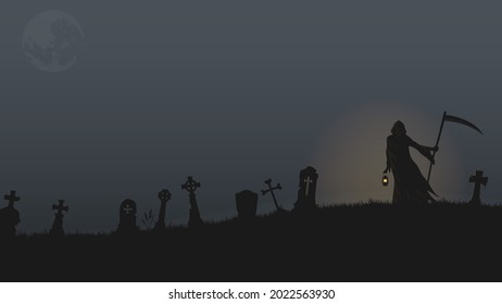 Grim Reaper sosteniendo una linterna y parado en el cementerio en el fondo de la noche luna llena, concepto de Halloween vector de ilustración plana.