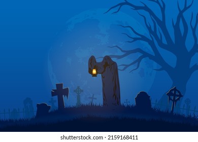 Grim Reaper holding lantern and standing on cemetery in full moon night background, Halloween concept flat illustration vector.