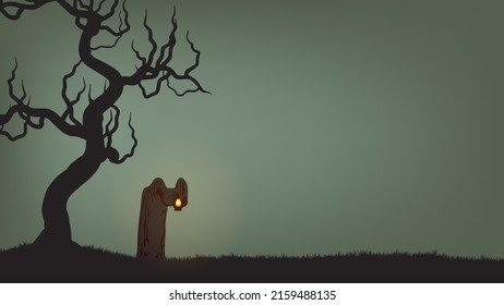 Grim Reaper holding lantern and standing scary tree in night background, Halloween concept flat illustration vector.